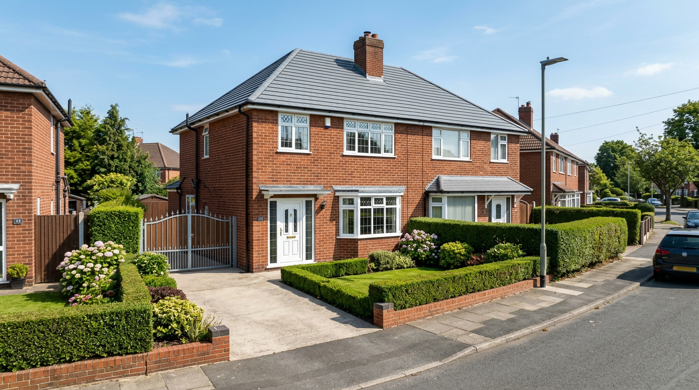 Newly installed grey tiled roof on a UK semi-detached house